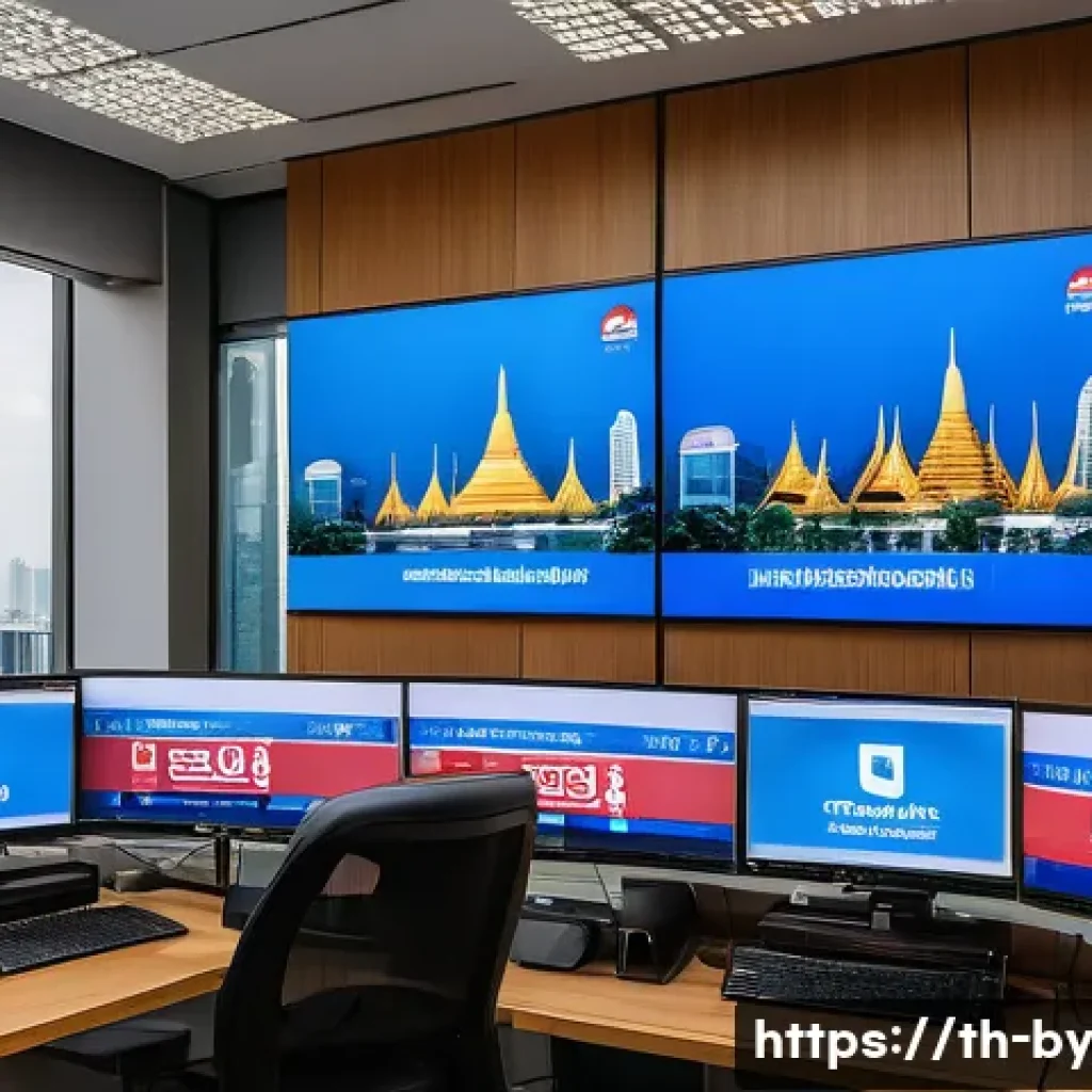 가짜뉴스와 정보의 투명성 - A modern Thai newsroom setting with diverse journalists actively fact-checking digital news on multi...