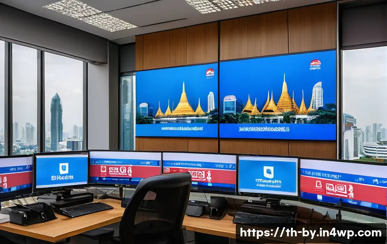 가짜뉴스와 정보의 투명성 - A modern Thai newsroom setting with diverse journalists actively fact-checking digital news on multi...