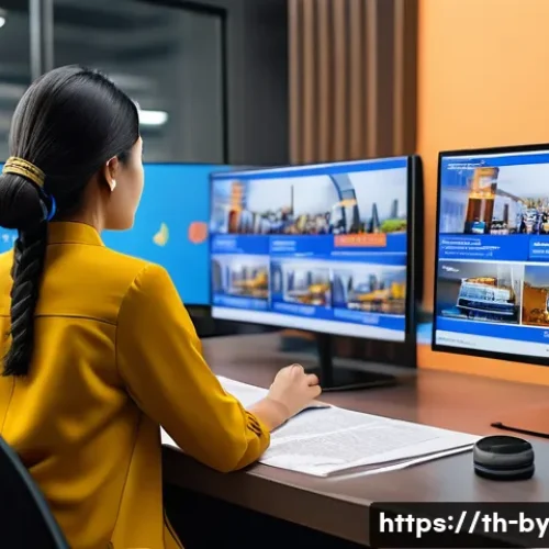 가짜뉴스 감별을 위한 도구 소개 - A detailed digital illustration of a Thai news reader at a modern workspace, attentively verifying n...