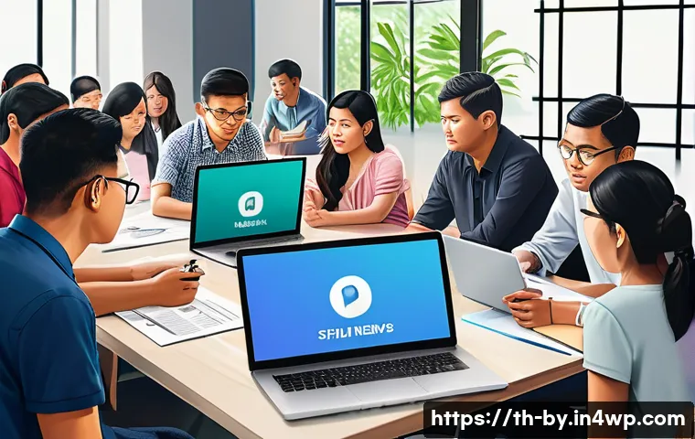 가짜뉴스와 언론 자유의 경계 - A detailed digital illustration of a diverse group of Thai people in a modern community center atten...