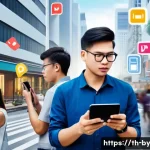 가짜뉴스와 정보의 신뢰성 - A modern Thai urban scene showing diverse people using smartphones and laptops to fact-check news on...