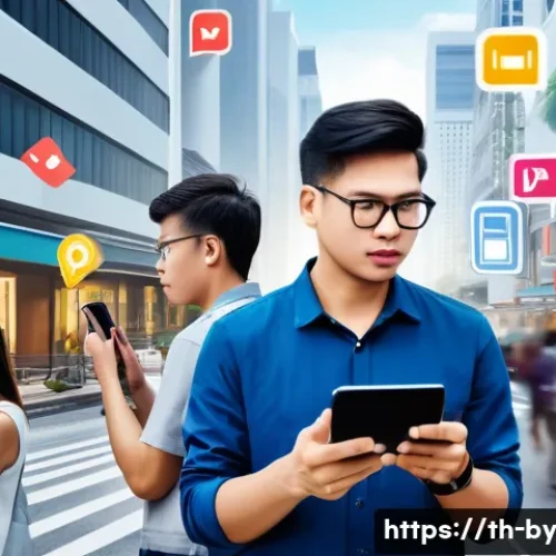 가짜뉴스와 정보의 신뢰성 - A modern Thai urban scene showing diverse people using smartphones and laptops to fact-check news on...