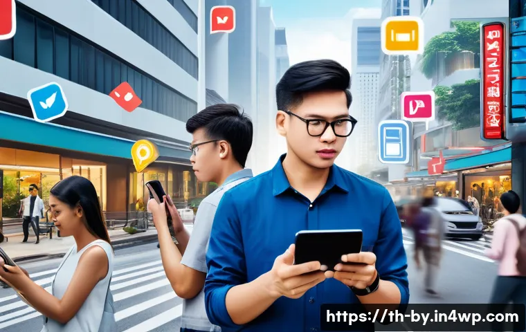 가짜뉴스와 정보의 신뢰성 - A modern Thai urban scene showing diverse people using smartphones and laptops to fact-check news on...