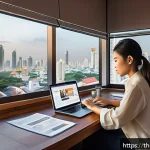 가짜뉴스 판별의 기초 지식 - A detailed digital illustration of a young Thai woman sitting at a modern desk in a cozy home office...