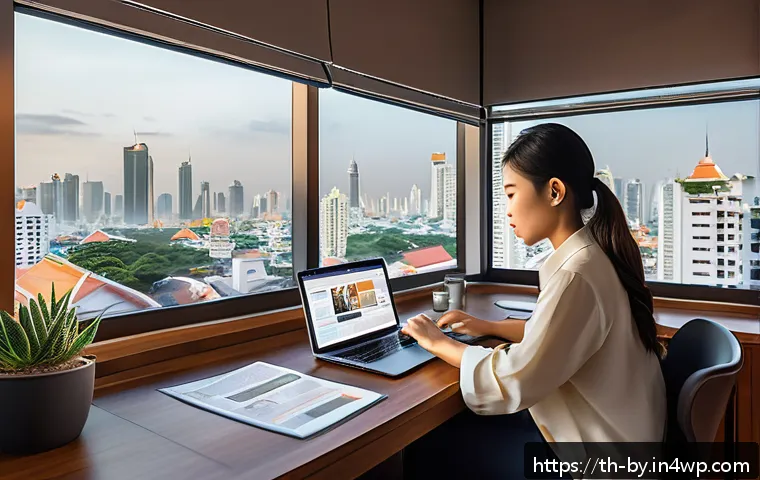 가짜뉴스 판별의 기초 지식 - A detailed digital illustration of a young Thai woman sitting at a modern desk in a cozy home office...