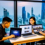 가짜뉴스를 다루는 커뮤니티의 중요성 - A diverse group of Thai online community members collaborating in a modern digital workspace, featur...
